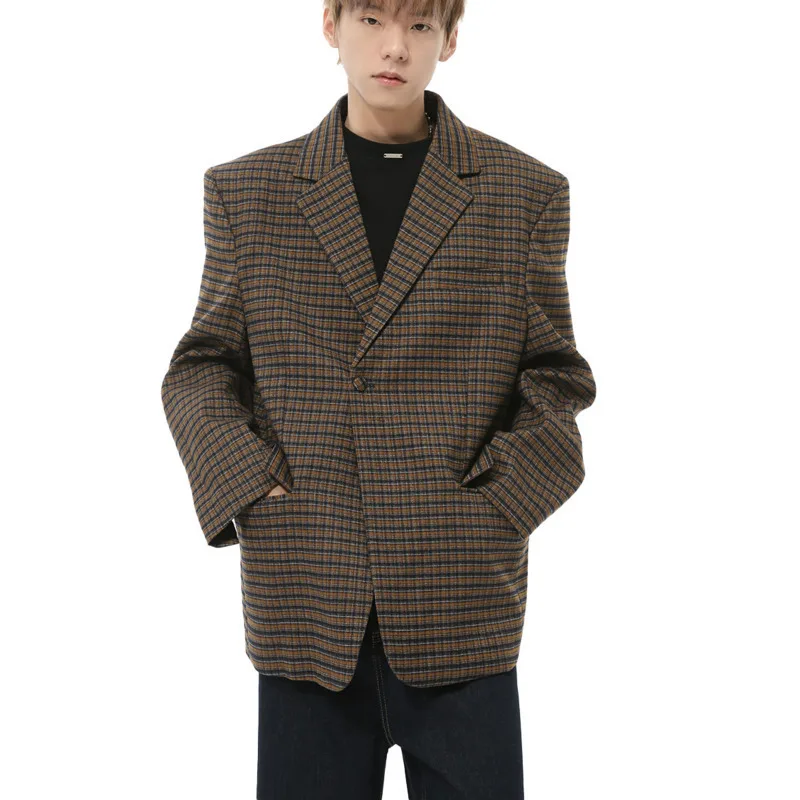 LEVIORTIN British Style Men's Blazers Vintage Double Breasted Plaid Design Casual New Autumn Loose Male Suit Jackets Trendy