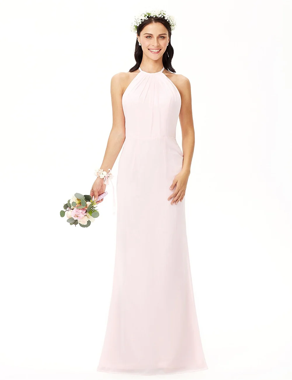 

Women's Wedding Party Dresses Sheath Bridesmaid Dresses Elegant Halter Neck Sleeveless Floor Length Chiffon with Pleats 2023