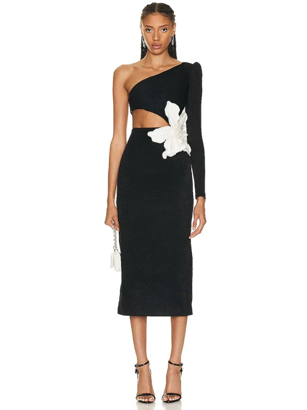 

2023 Autumn New Women's Sexy One Shoulder Long Sleeve Hollow Out Flower Bandage Midi Dress Bodycon Celebrity Party Evening Dress
