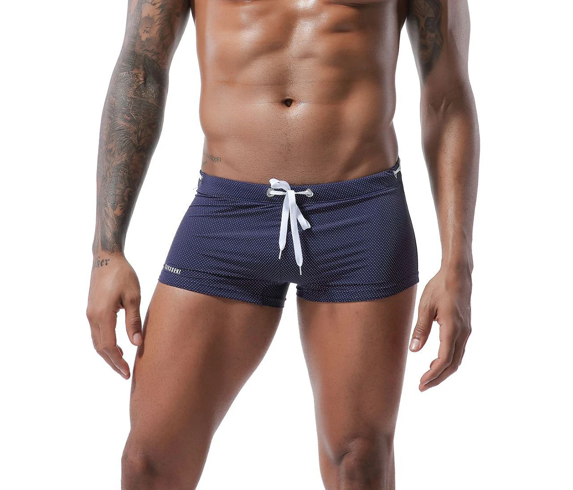 Summer Men's Boxer Swimming Trunks New Tethered Nylon Low Waist Solid Color Swimming Shorts