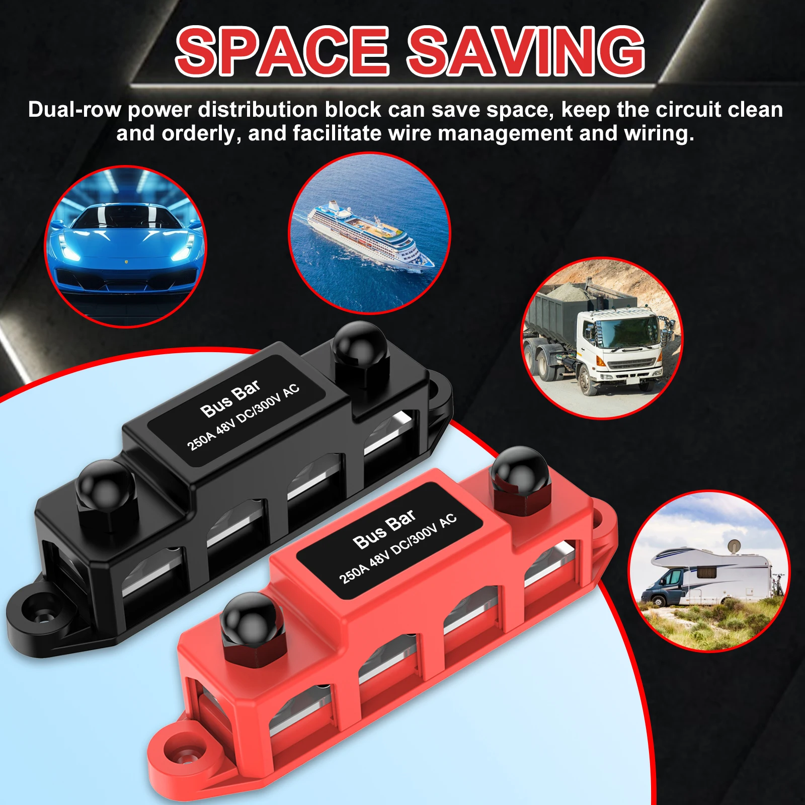 48V 250A Positive Negative M4 M10 Bus Bar Terminal Battery Power Distribution Block With Cover for 12V Boat RV Truck Camper