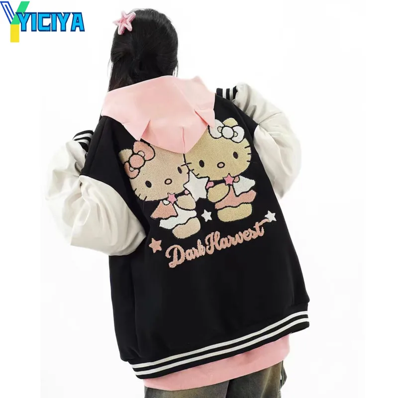 

YICIYA black KT cat baseball jacket High quality Cartoon bomber women winter college coat Varsity Female new fashion Jackets top