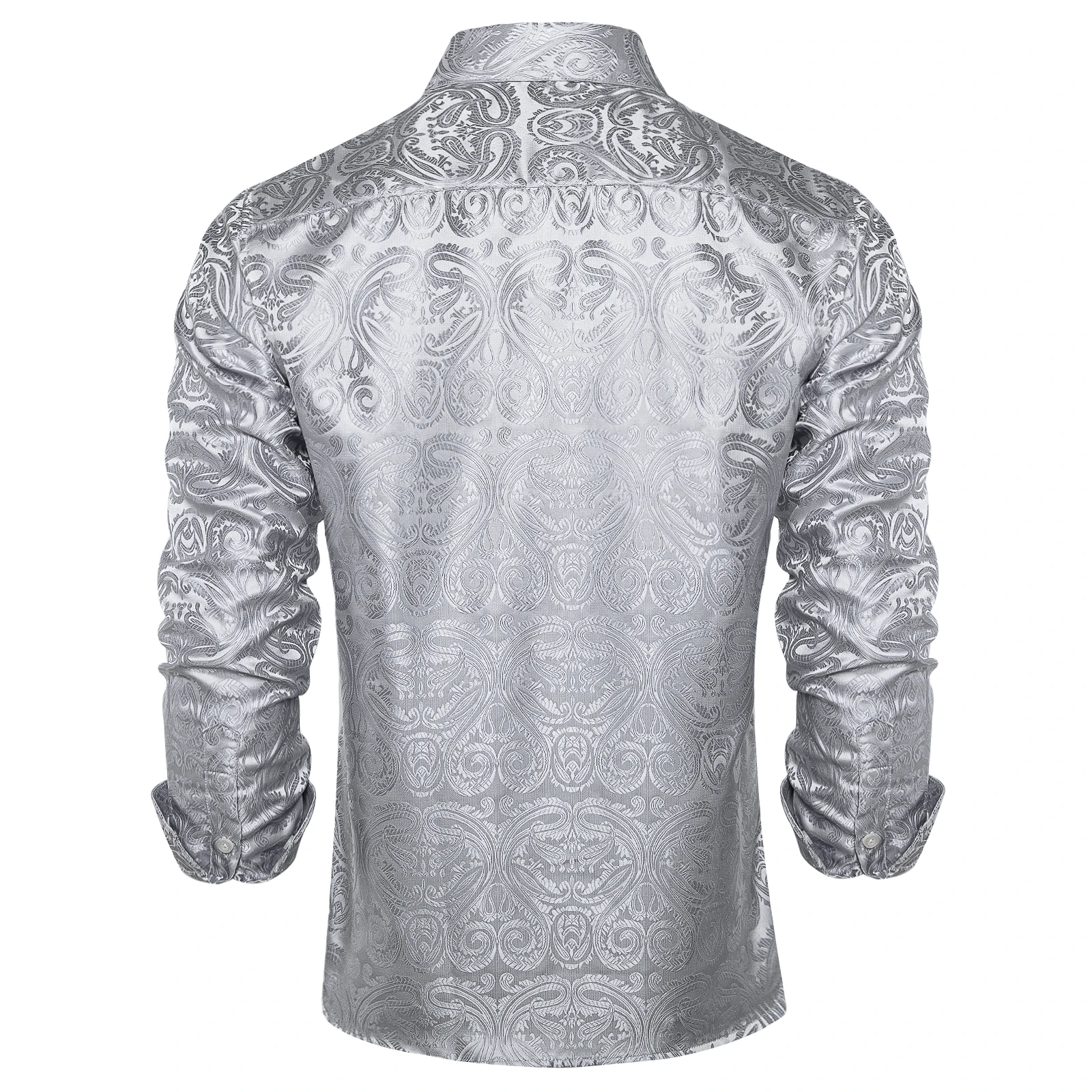 DiBanGu Luxury Silver Paisley Silk Long Sleeve Shirts For Men Designer Casual Tuxedo Dress Shirt Wedding Prom Party Men Clothing