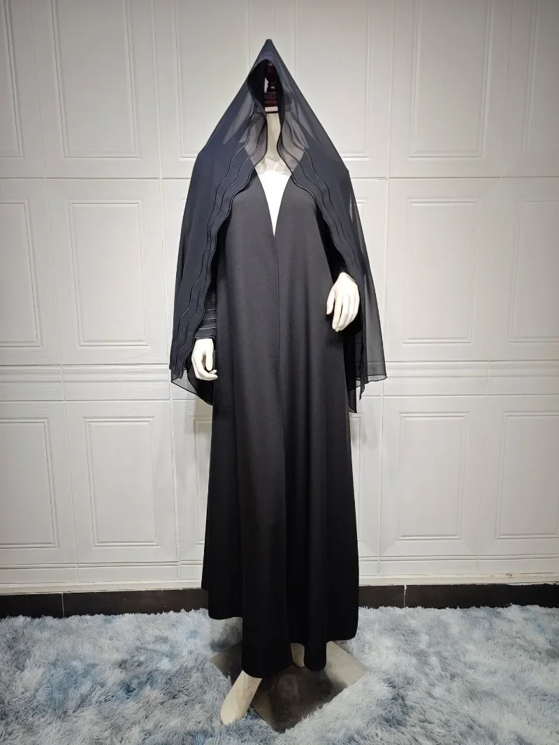 2024 New Abaya Under Dress Kaftan Solid Ramadan Muslim Sets Exquisite Embroidery Embroidery Coat with Headband Islamic Clothing