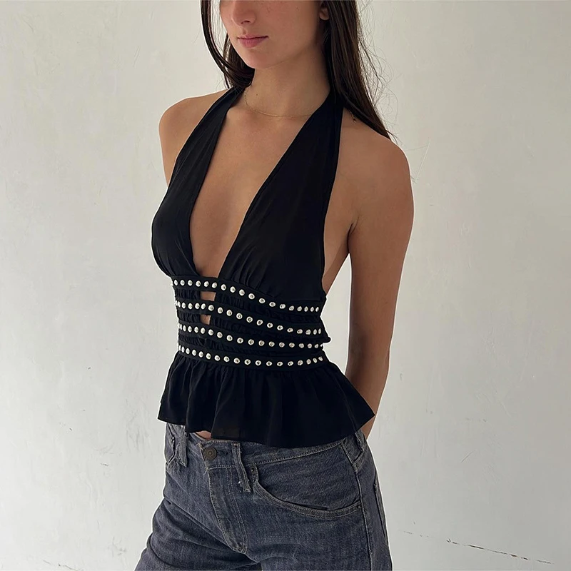 

TARUXY Sexy Hot Girl Beading Deep V Halter Neck Vest Top For Women Y2K Fashion Backless Crops Top Pullover Club Party Clothes