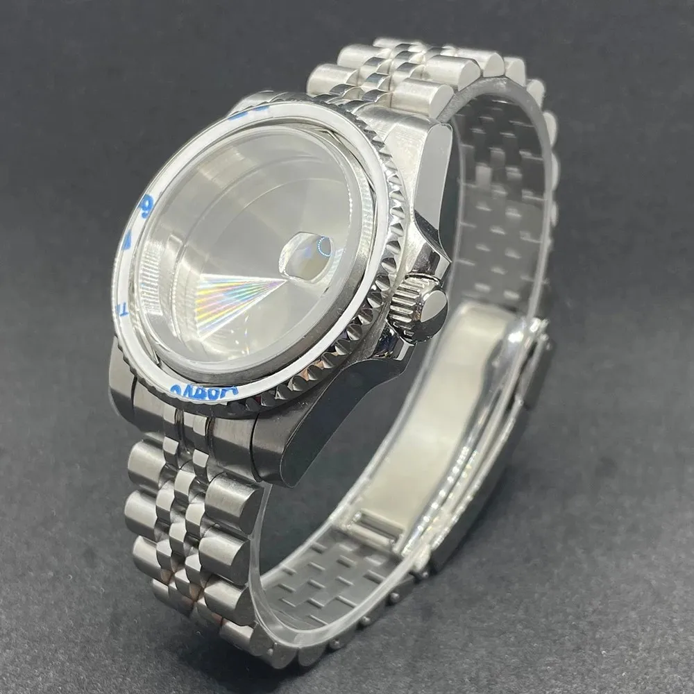 Elegant 40MM Stainless Steel Watch Case with Solid Bracelet and Glide Lock Clasp