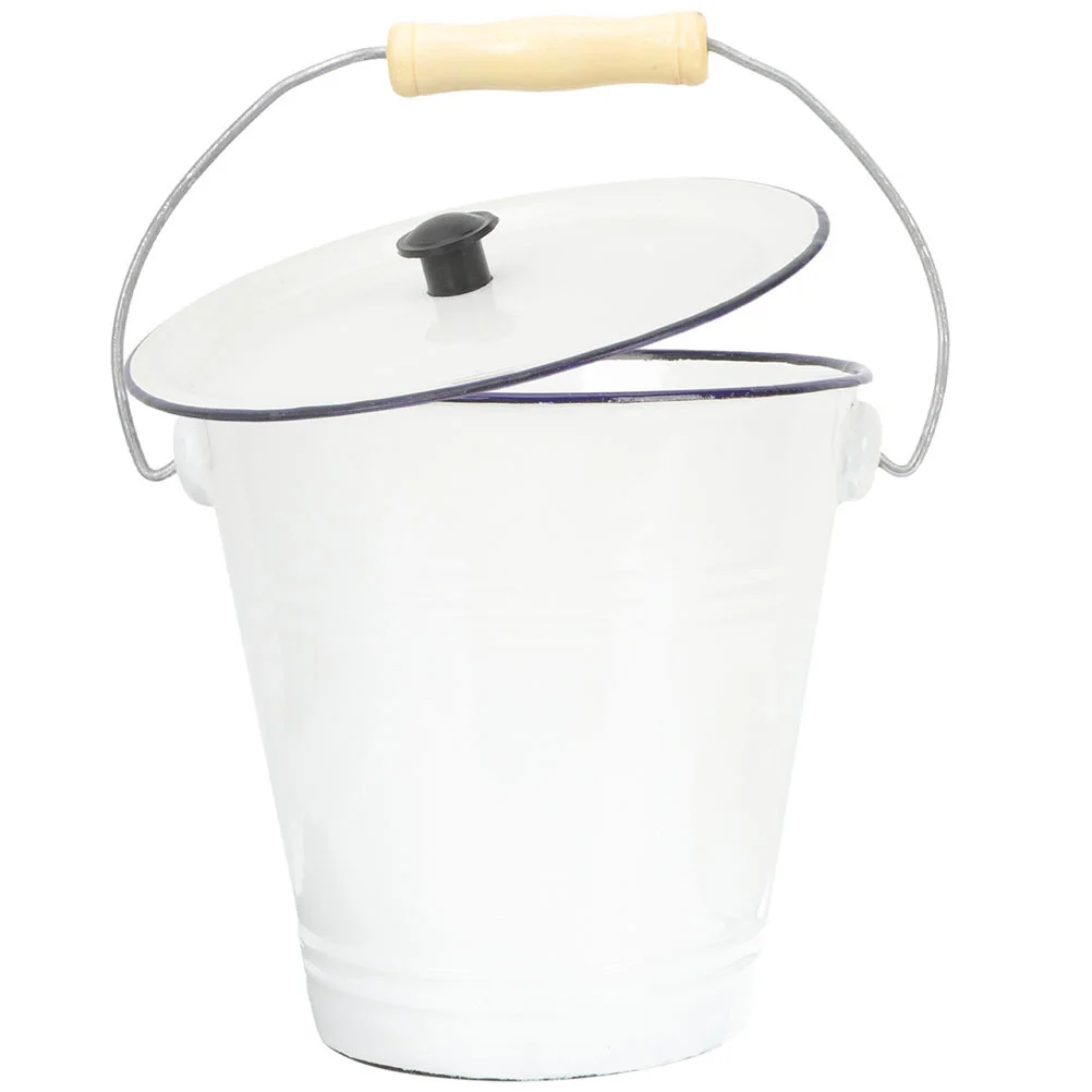 

Small Trash Can Enamel Bucket with Lid Rice Dispenser Dog Food Wooden Laundry Room Storage