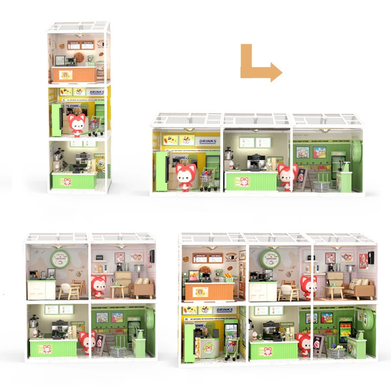New 3D Puzzle Miniature House Coffee Shop Fruit Shop Convenience Store Assembly Toys with Lights Collection Decoration 5