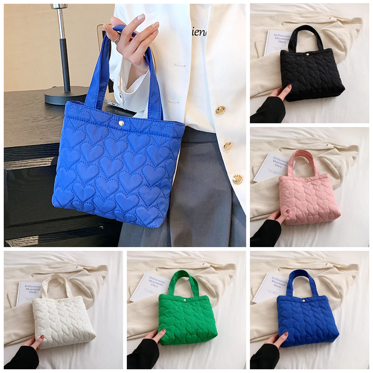 Heart Quilted Tote Bag Solid Color Large Capacity Handbag Ladies Shoulder Bag Travel Storage Bag Small Satchel Shopping Bag new ladies beach tote bag marine seashells on sand print shoulder shopping bag large capacity casual travel storage handbag