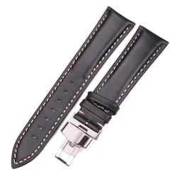 Vintage Genuine Leather Watch Band with Quick Release and Double Push Deployment Clasp - 22mm (Black)