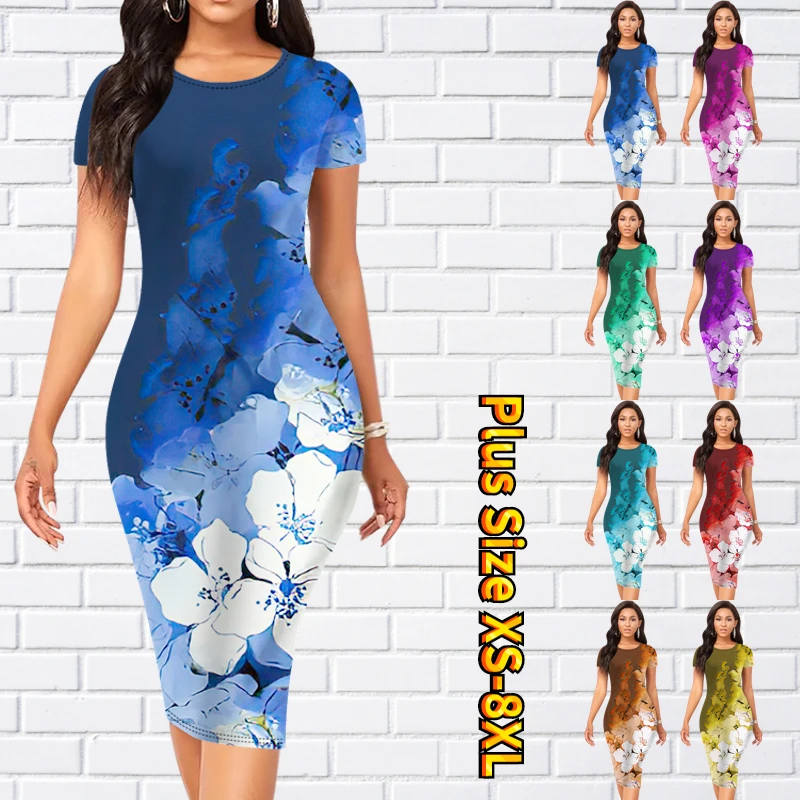 

2023 Round Neck Flower Printing Short Sleeve Skirt Summer Women Vintage Tight Skirt Sexy Slim Skirt Female Knee-length Skirt