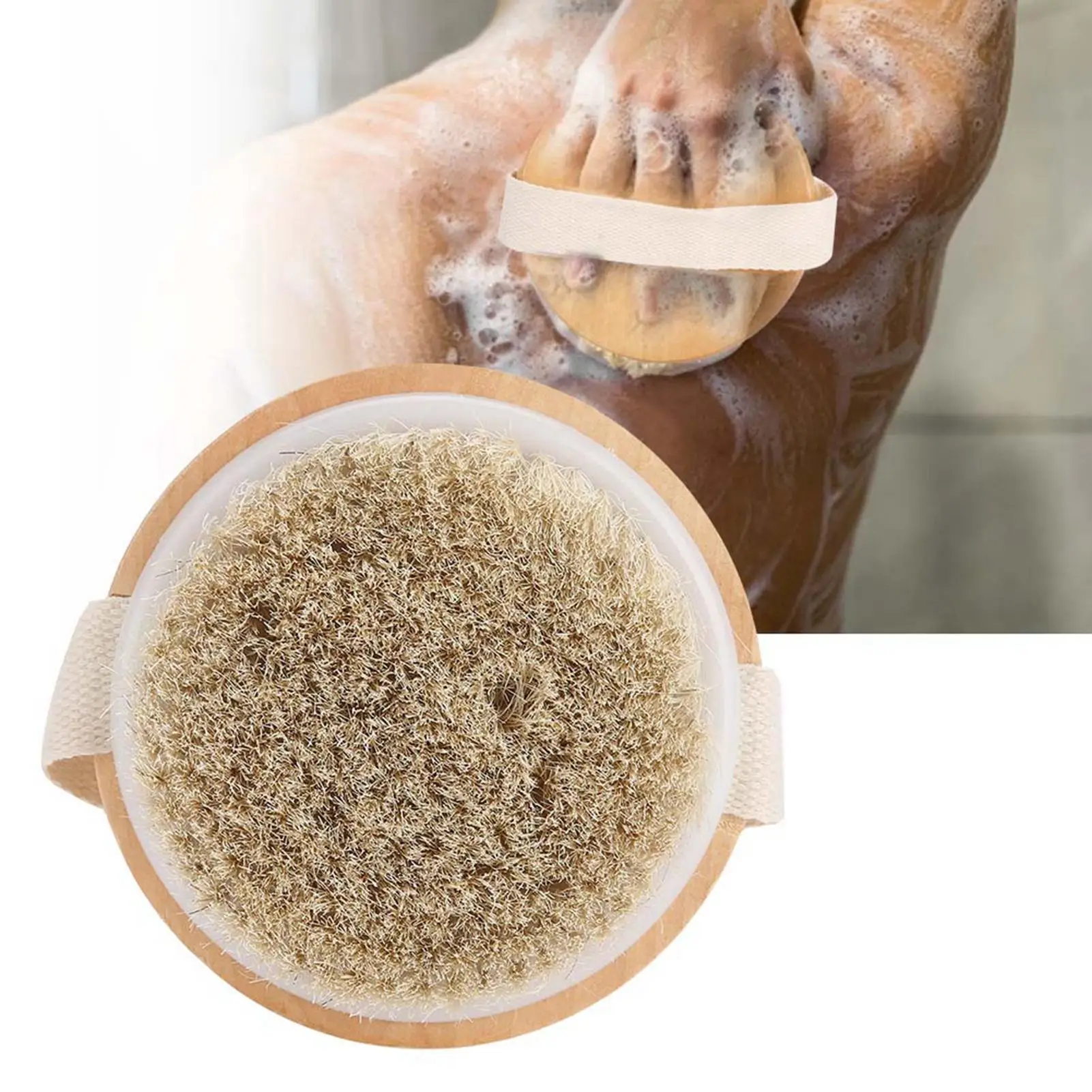Natural Boar Bristle Dry Body Brush with Wooden Handle & Back Strap for Exfoliating Skin &ndash; Ideal for Wet & Dry Use