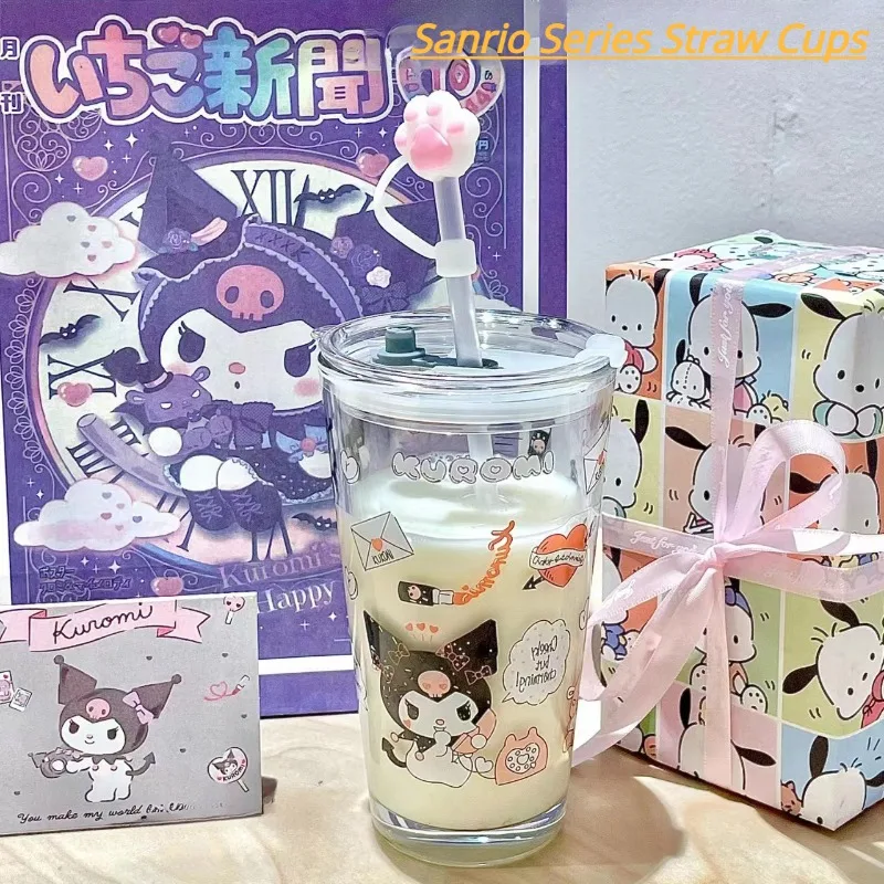 

401-500ml Sanrio Kuromi Cinnamoroll My Melody Glass Sippy Cup Cartoon Scale Milk Drink Cup with Lid Children's Cup Gift
