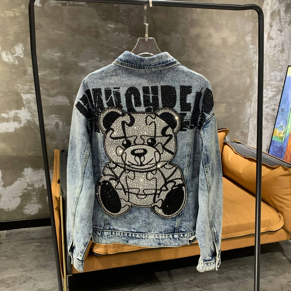 Luxury Men Women Trendy Denim Jacket Washing Bear Rhinestone Handsome Streetwear Jean Coat Loose Long Sleeve Blue Outwear 2022