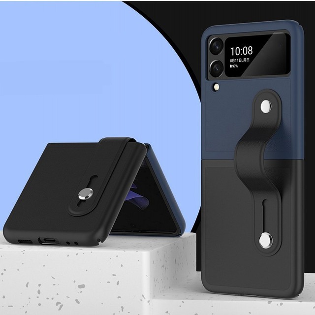 Case with Retractable Wrist Strap for Samsung Galaxy Z Flip 3 5G Luxury PU Leather Case Dual Color Z Flip 3 Back Cover