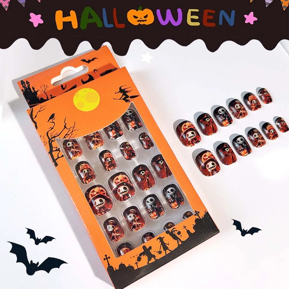 24Pcs/set Bat Spider Web Children Halloween False Nails Ghost Pumpkin Kids Cartoon Fake Nails with Jelly Gel Manicure Material