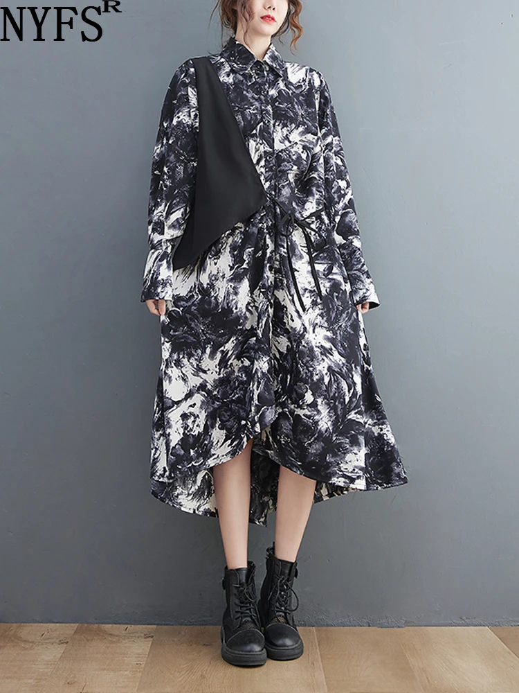 

NYFS 2023 Spring New Patchwork Woman Dress Vestidos Robe Elbise Loose Plus Size Asymmetric Ink Painting Print Long Dress