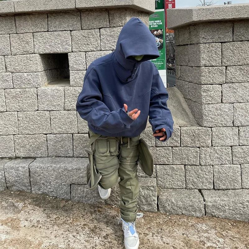 High Street Button-Up Hooded Sweater Men'S Spring And Autumn Trendy Brand Loose Solid Color Men'S Coat