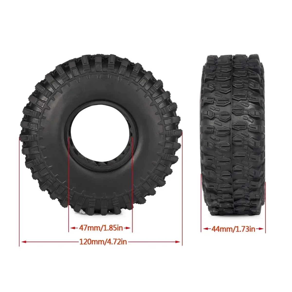 Pneus 1.9 pouces 120mm pour crawler RC posés sur une surface rocheuse, illustrant leur usage en extérieur.