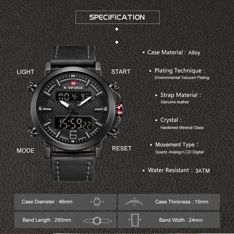 Dual Display Quartz Watch For Men Digital Clock Luxury Casual Waterproof Clock Luminous Leather Strap Men Watch Reloj Hombre