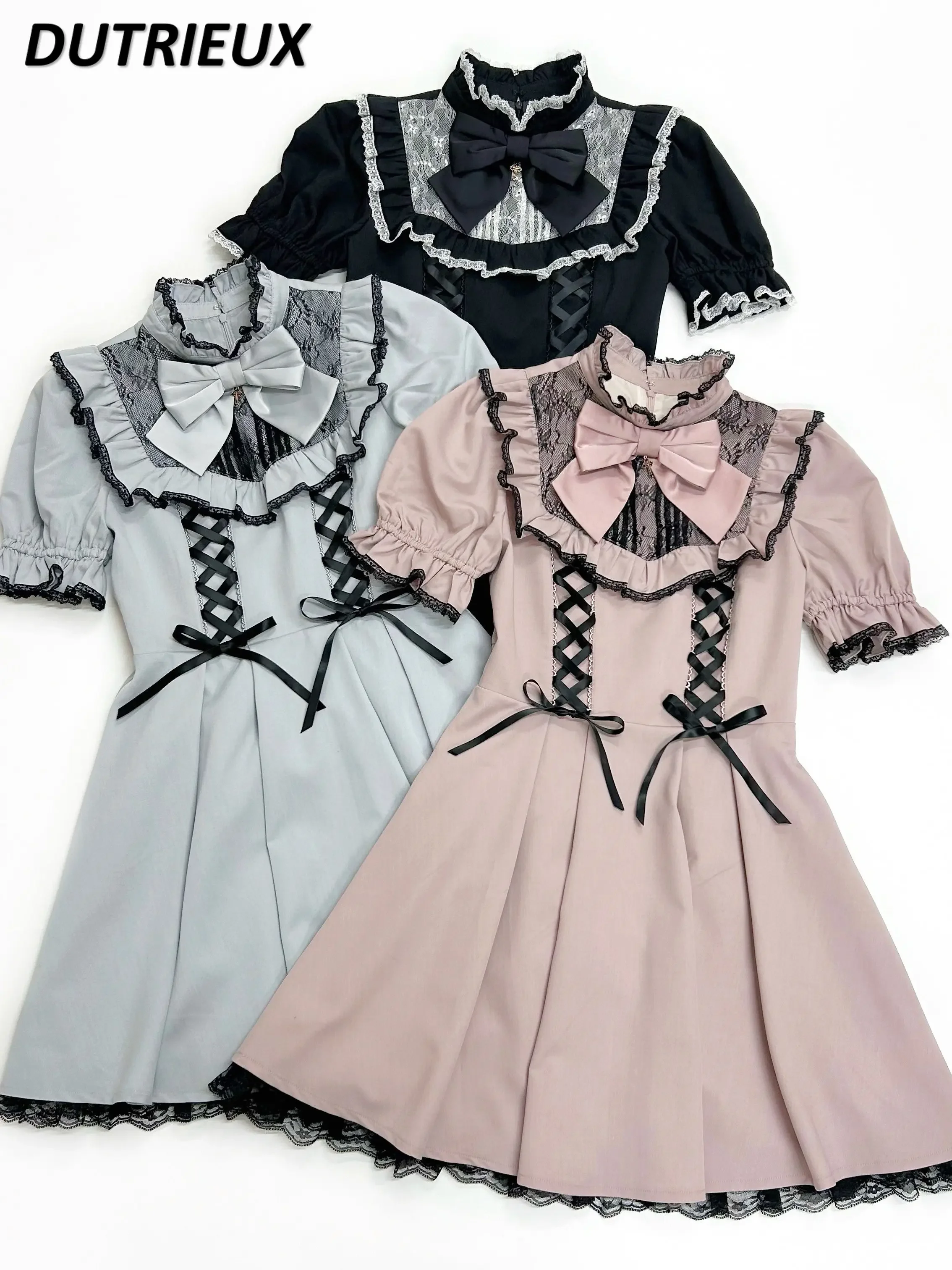 

SC Rojita Dress Women Cross Bow Ruffled Lace Strap Mine Short Sleeve Midi Dress Female 2023 Summer Sweet Cute Black Lolita Dress
