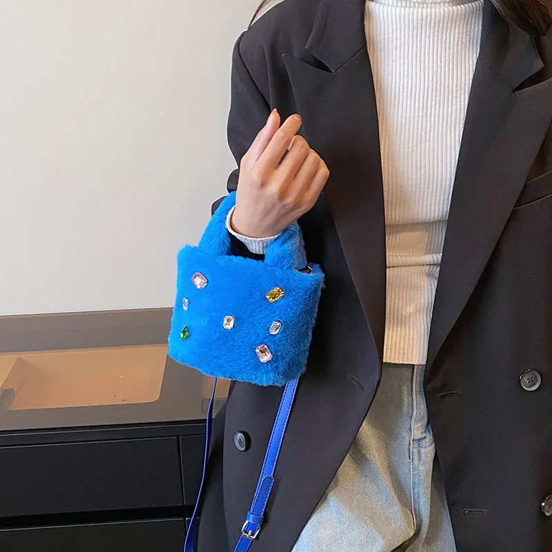 Candy Color Plush Tote Mini Diamonds Women's Handbags Rhinestone Faux Fur Bags for Women Winter Soft Shoulder Crossbody Bag Chic