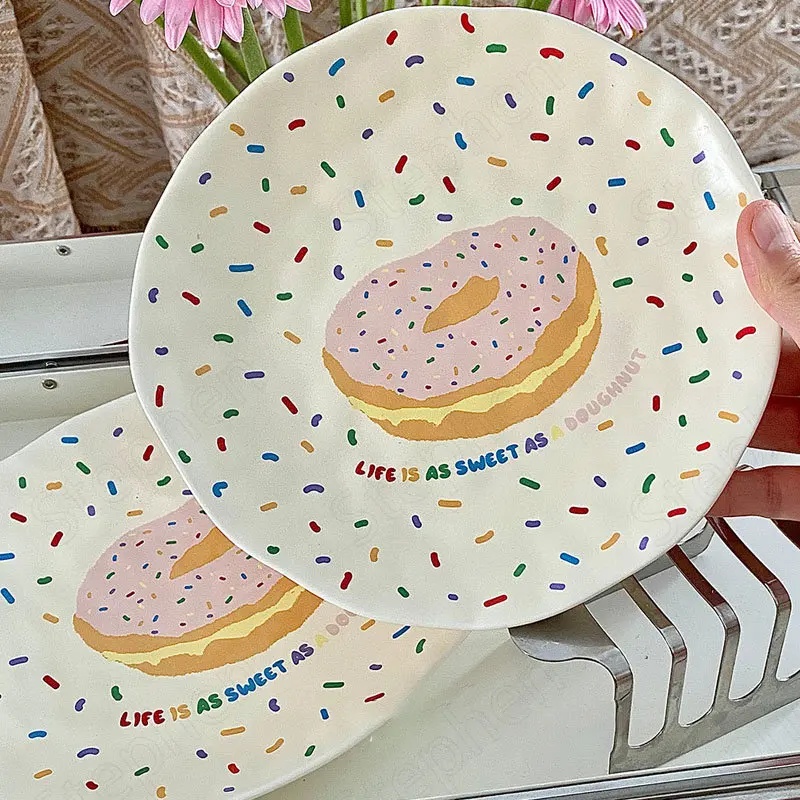 

Ins Cute Doughnut Painted Ceramic Plate Korean Modern Cream Color Breakfast Milk Cup Bread Dishes Cake Dessert Plates Tableware