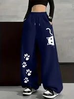 Women's Plus-size Street Style Casual Sweatpants with Cat Paw Print Autumn and Winter Fleece Loose Fit Streetwear Oversized - Image 2