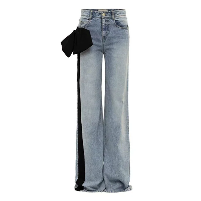 Designer-Damen-Denim-Jeanshose mit hoher Taille und kräftigem roten Seitenstreifen, bezaubernde Frühlings-Neue Freizeithose mit großem Schleifendetail – Detail 7