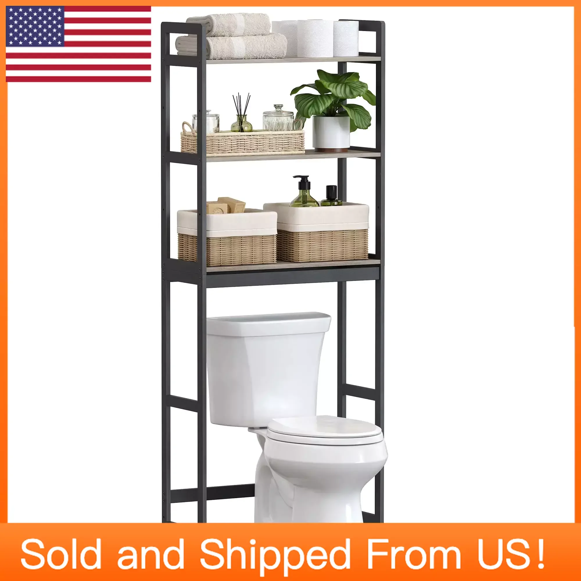 

3-Tier Bathroom Organizer Over Toilet with Adjustable Shelves, Multifunctional Bathroom Shelf, Greige and Black