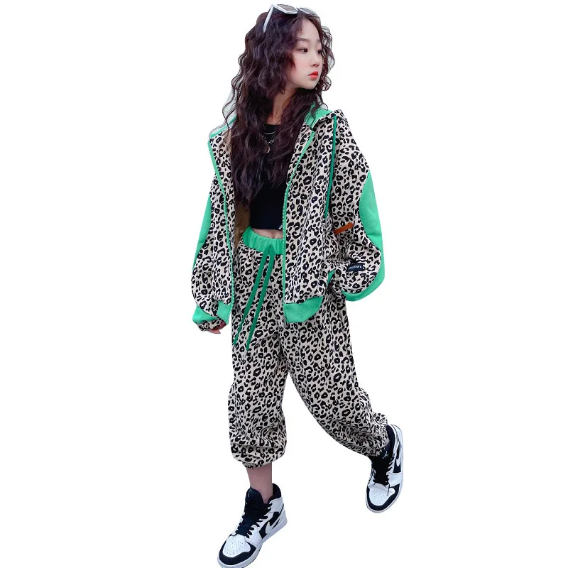 

Girls Leopard Print Suit New Spring Autumn Fashion Hooded Jacket Top + Pants 2pcs Kids Clothes Casual Patchwork Tracksuit 4-14 Y