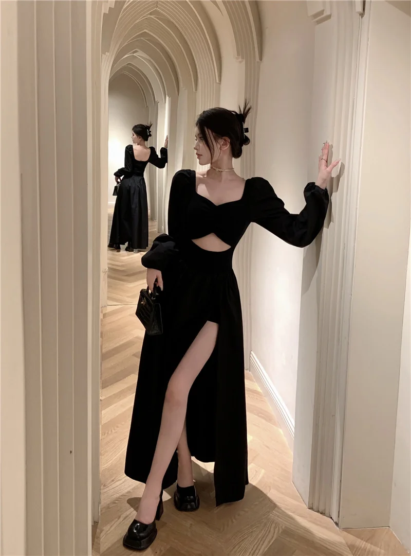 Elegant Black Long Dresses for Women Long Sleeve Square Collar Hollow Out High Slit Evening Party Dress Prom Robe Vestidos Mujer
