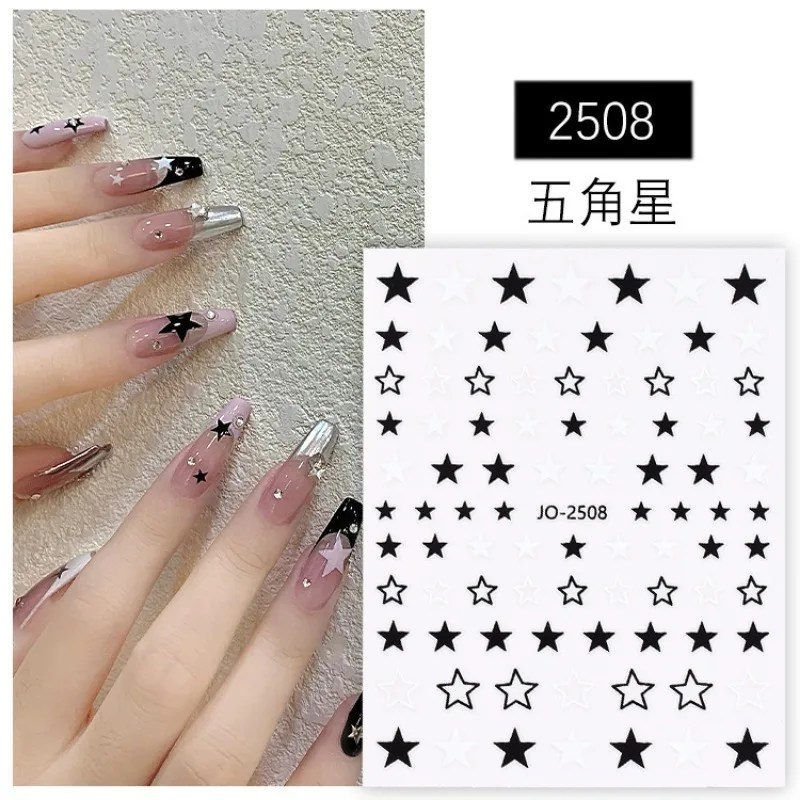 3D Nail Stickers Black and white five-pointed star love bow Decals  Back Glue  Nail Decal Stickers For Nail Tips Beauty