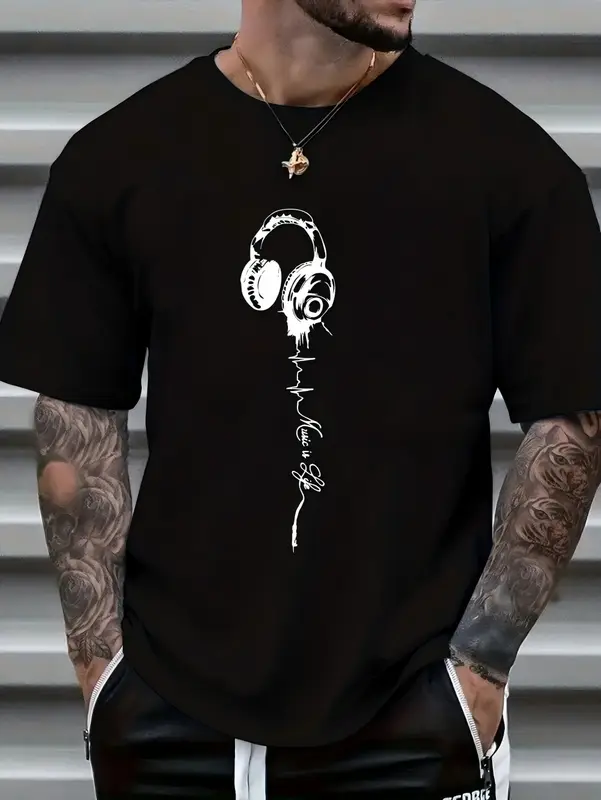 Men's summer earphones with letter print, breathable and comfortable round neck T-shirt, outdoor sports and leisure top - Image 7