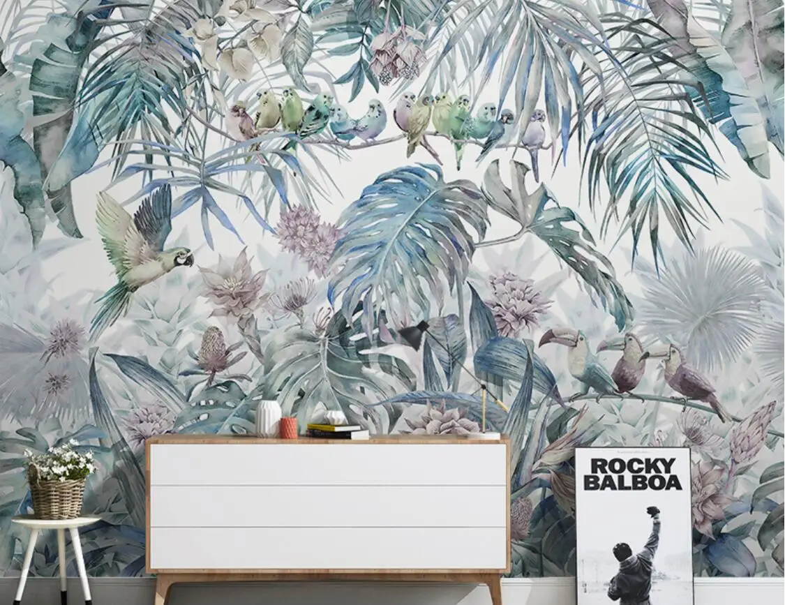 

papel de parede Nordic hand-painted tropical plants flowers and birds jungle parrot mural living room TV background 3d wallpaper