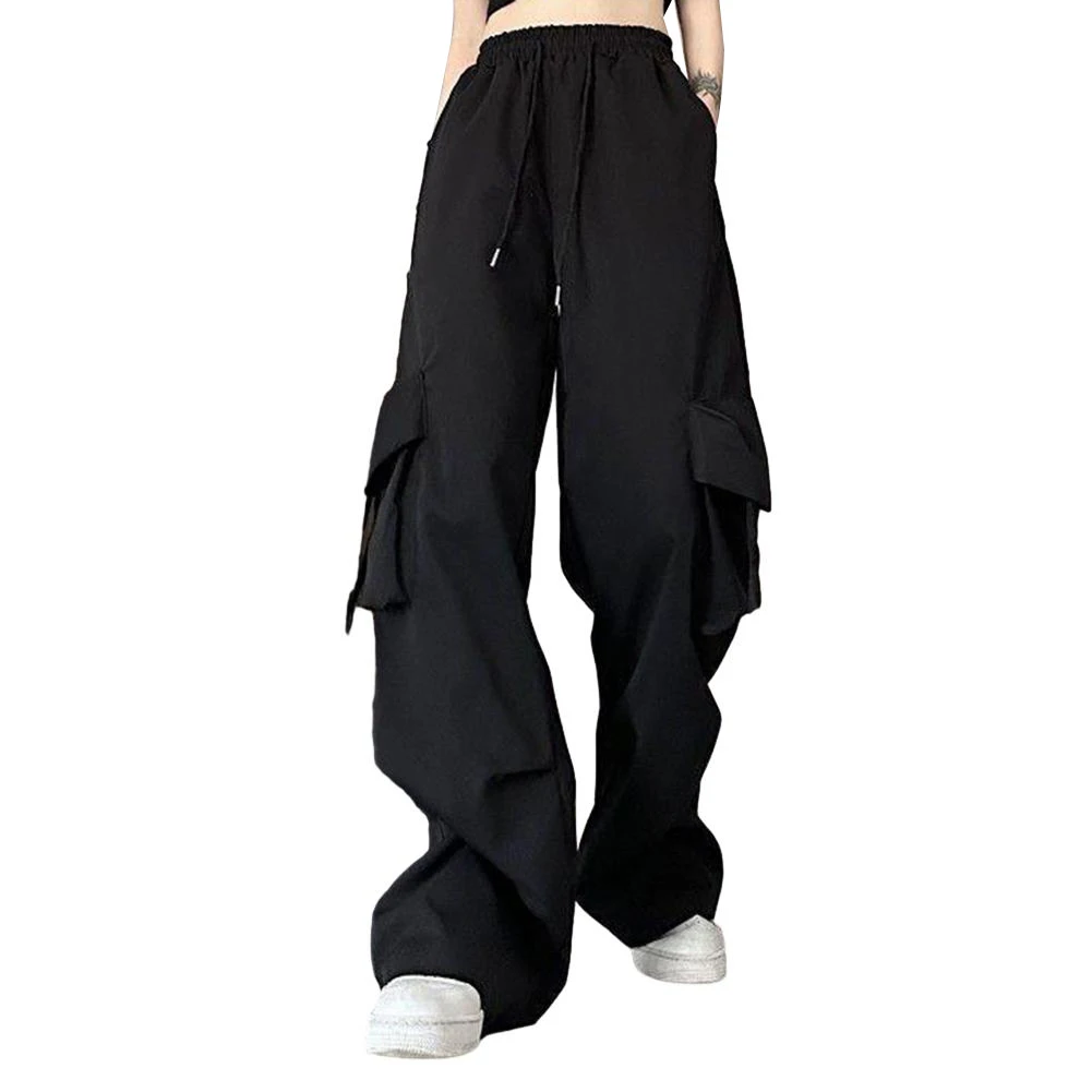 

Female Pockets Pants Autumn Spring Loose Quick-drying Solid Color Straight Wide-leg Y2k Baggy Casual Drawstring