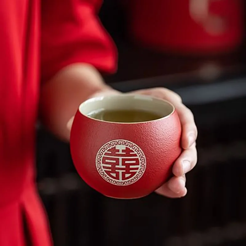 Chinese Style Ceramic Filter Tea Pot Set, Household Tea Pot and Cup Set, Red Teaware Gifts, Wedding, A Pot of Eight Cups