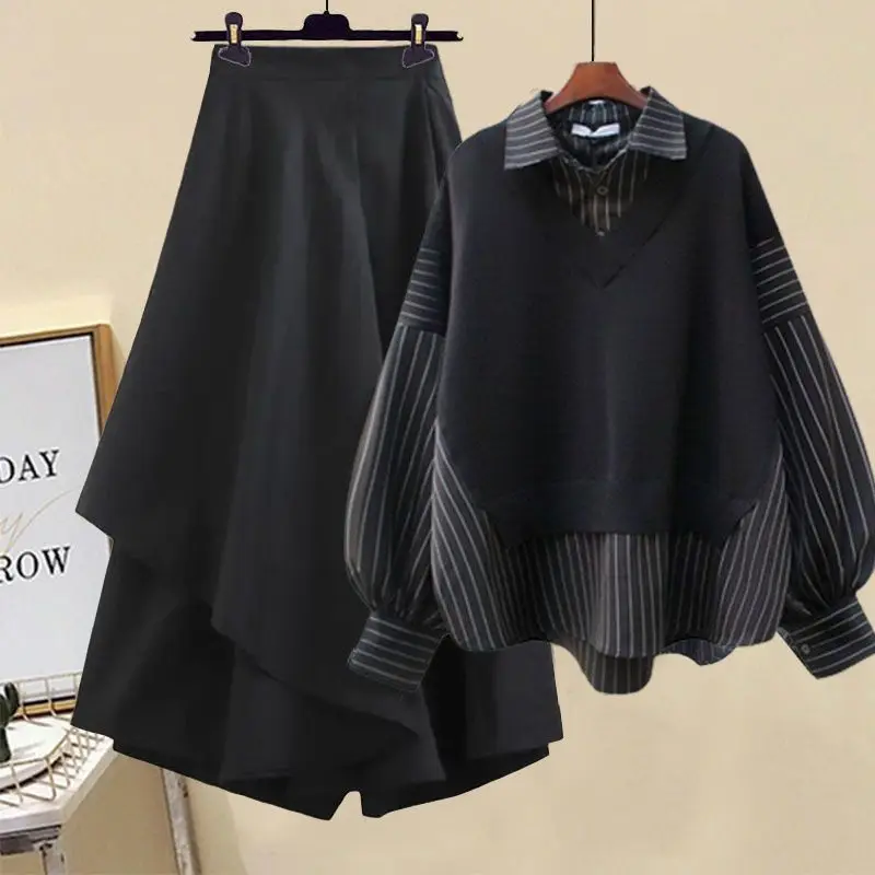 Spring and Autumn Set Women's 2023 New Korean Edition Age Reducing Casual Shirt Half Body Skirt Pants Two Piece Set