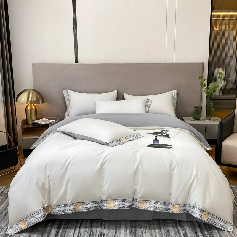 

Off White Milky Beige Cotton Embroidery Process Bedding Set Duvet Cover Linen Fitted Sheet Pillowcases Home Textiles