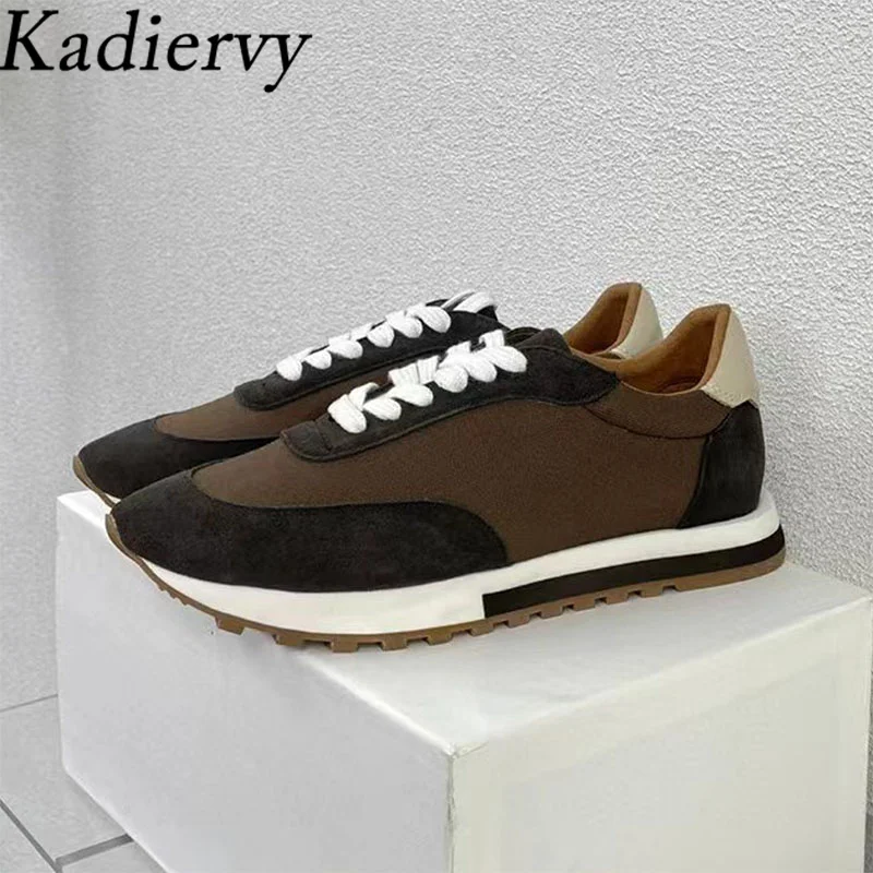 

New Sneakers For Women Cow Suede Patchwork Outdoors Running Shoes Round Toe Lace Up Casual Comfort Flat Sports Shoes Woman