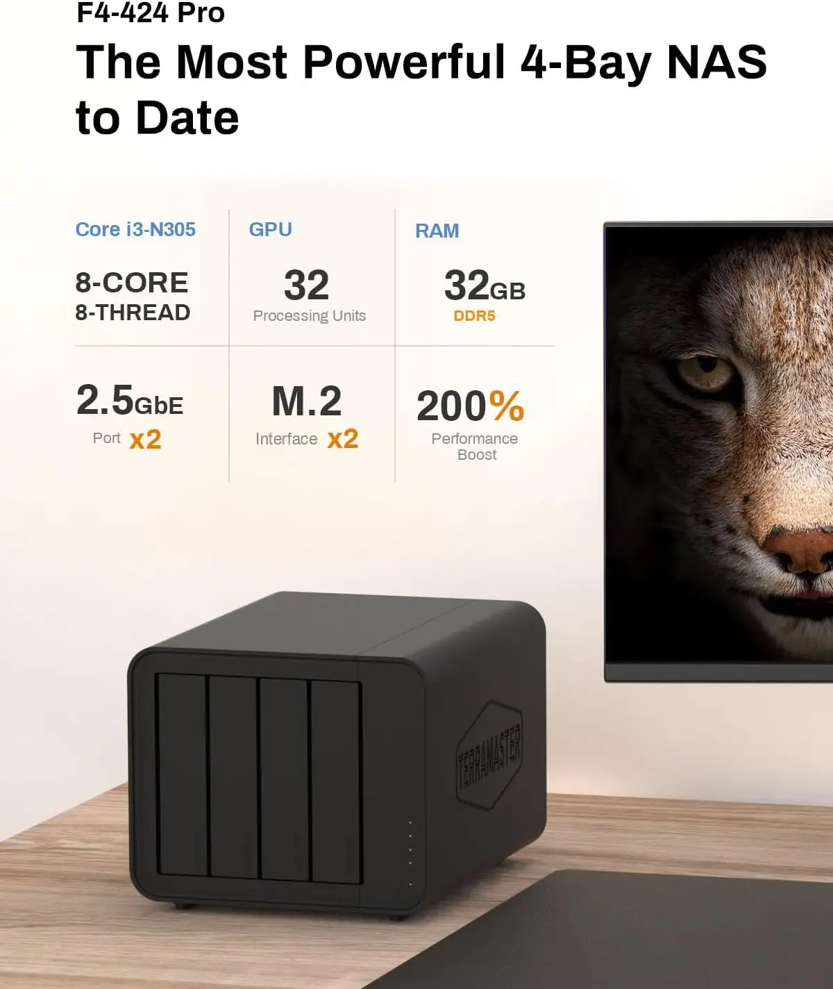 테라마스터 F4-424 Pro NAS 스토리지 4베이 코어 i3-N305 8코어 8스레드 CPU 16GB RAM 2.5GbE 포트 x 2 네트워크 연결 스토리지
