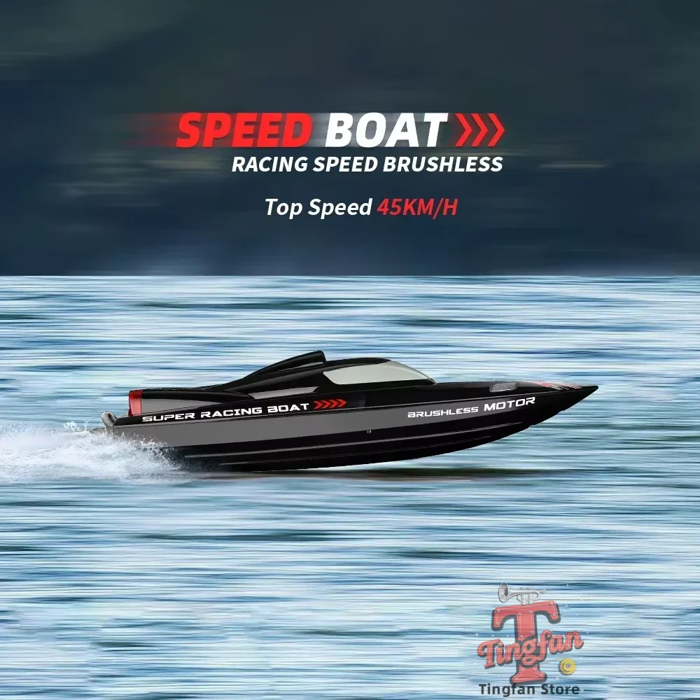 Bateau télécommandé rapide 55 km/h WL916 1B en virage, gerbe d'éclaboussures