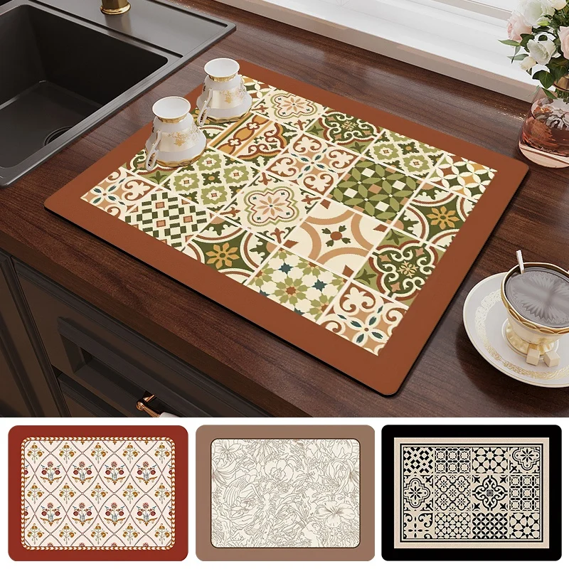 Retro Printed Coffee Pad Super Absorbent Kitchen Countertop Mat Drain Tableware Draining Pad For Home Decor Dry Rug Kitchen Mat 1
