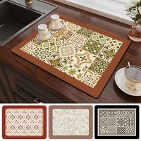 Retro Printed Coffee Pad Super Absorbent Kitchen Countertop Mat Drain Tableware Draining Pad For Home Decor Dry Rug Kitchen Mat 1