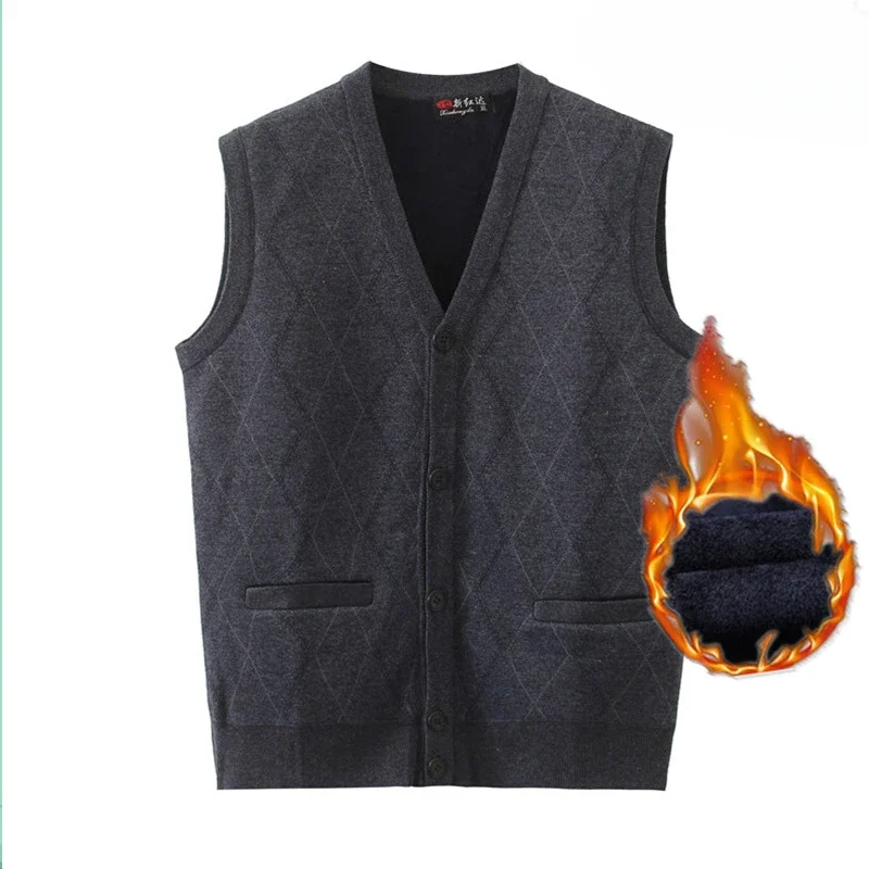Men's Autumn Winter New Plus Velvet Knitted Waistcoat Male V-neck Loose Cardigan Vest Men Sweater Sleeveless Coats A45
