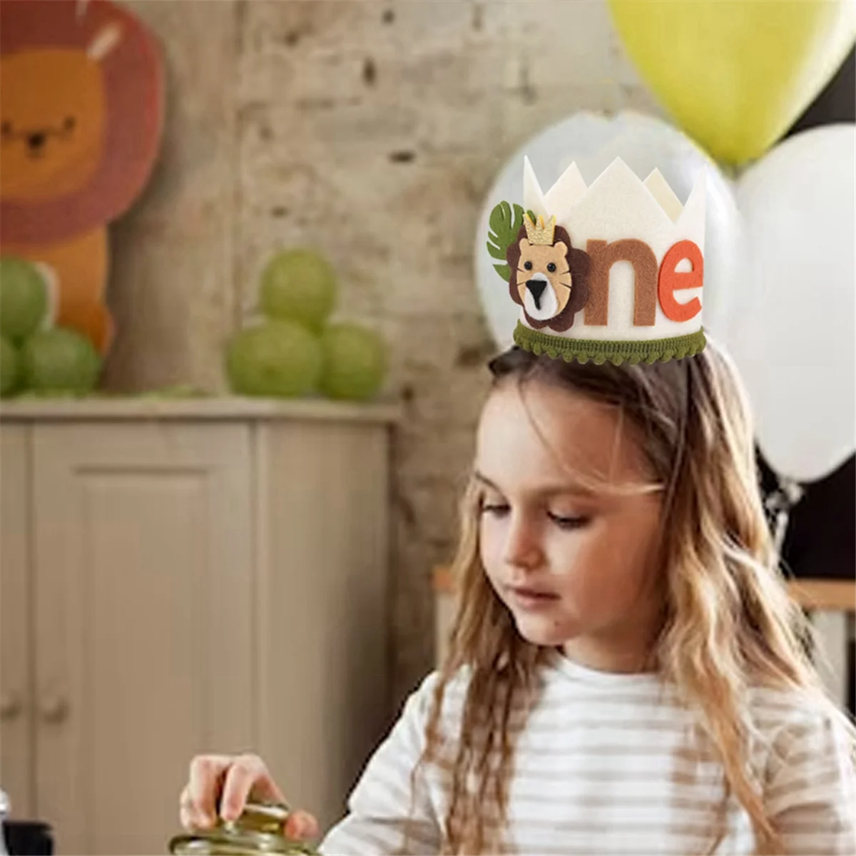 1 Year Old Kids Avocado Green Lion Birthday Crown First Baby Party White Non Woven Safari B 6