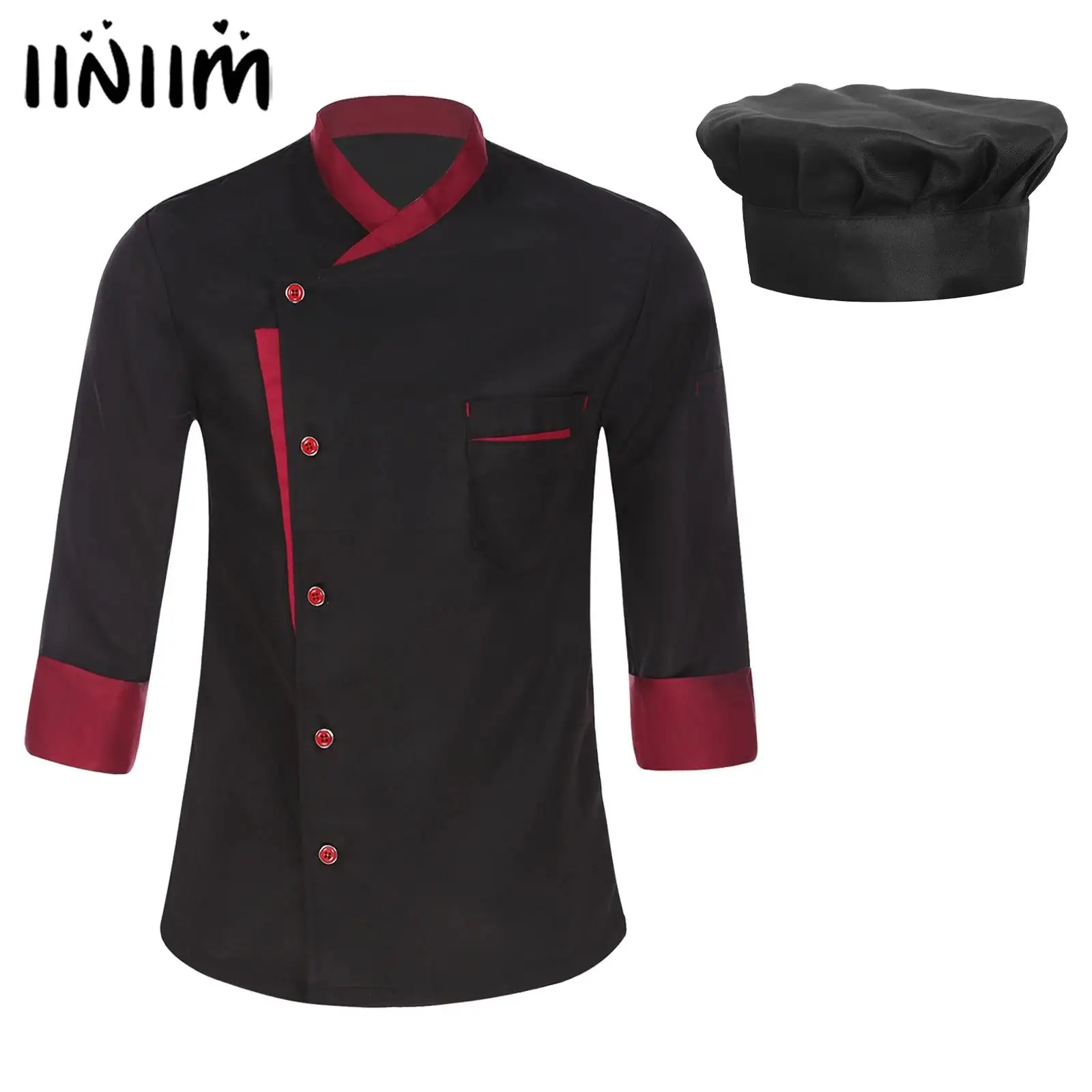 Mens Womens Long Sleeve Chef Jacket Coat Tops Kitchen Restaurant Hotel Food Service Work Clothes Unisex Cooks Uniform with Hat