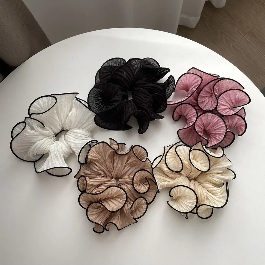 Korean Fashion Simple  Pleated Agaric Edge Mesh Large Scrunchies Sweet For Temperament Girls High Quality Elastic Hair Rope 10pcs fine workmanship high end aluminum alloy knob 17 15x16mm silver bright edge cap type mesh flower shaft hole tooth