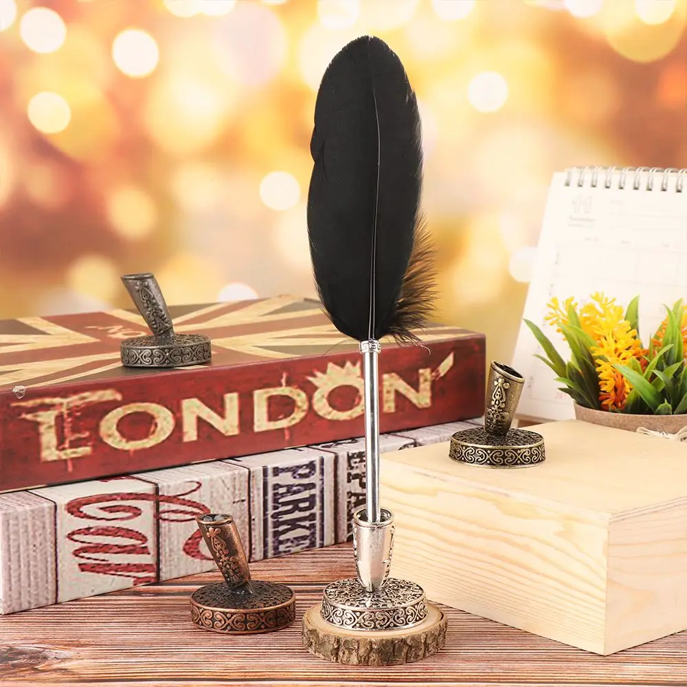 1PC Vintage European Style Pen Holder Fountain Pen Feather Quill Dip Pens Clips With Metal Round Base Writing Accessories pen holder pen and brush holder