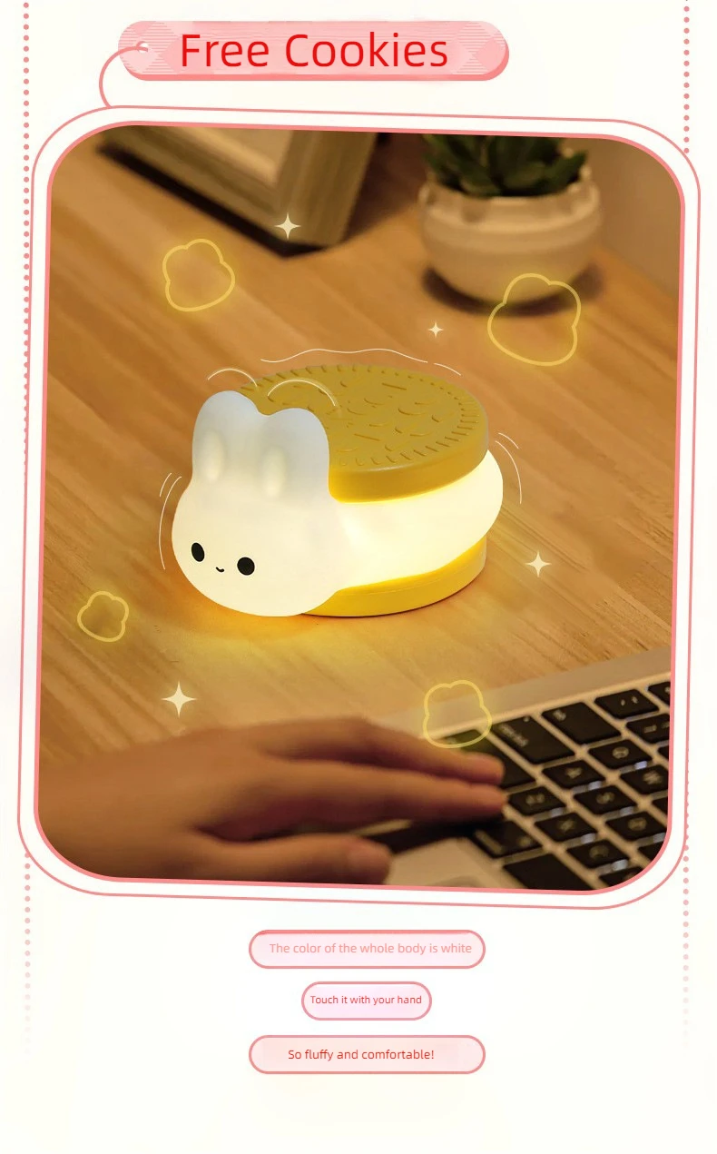 USB Rechargeable Timer Switch LED Night Light Cute Biscuit Rabbit Lamp For Kids Bedroom Dimming Table Pat Lamps Birthday Gift